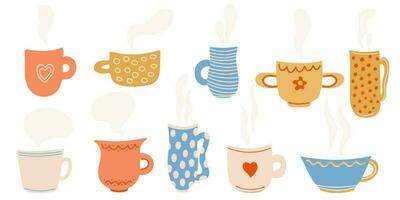 Set of decorative mugs and cups. Hand drawn flat vector illustration isolated on white.