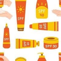 Vector seamless pattern with bottles and tubes with sunscreen. Skin protection from sun. Background of lotions with SPF. Pattern with sunblock cosmetic. Summer print.