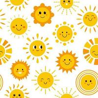 Vector seamless pattern with funny suns with faces. Pattern with cute summer sunshine on white background. Seamless print with happy smiling baby suns.