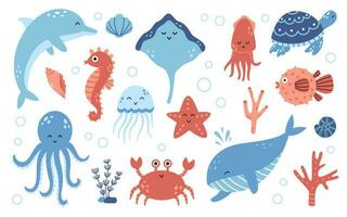vector conjunto de mar animales en plano diseño. linda Oceano elementos recopilación. marina vida imágenes prediseñadas