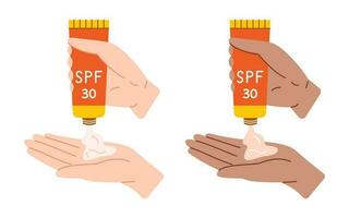 Two hands squeezing cream from a sunscreen tube onto a palm. Vector summer skincare illustration. Black and white arms using sunblock cream. Dark and light skin women using lotions with SPF.