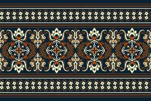 Floral knitted embroidery on navy blue background.geometric ethnic oriental pattern traditional.Aztec style abstract vector illustration.design for texture,fabric,clothing,wrapping,decoration,scarf.