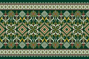 Floral Cross Stitch Embroidery on green background.geometric ethnic oriental pattern traditional.Aztec style abstract vector illustration.design for texture,fabric,clothing,wrapping,decoration,scarf.