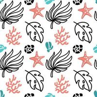 Summer print with tropical leaves and seashells. Summer pattern. Vector