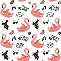 Inflatable flamingos and other beach objects. Summer print. Beach baby - a short phrase on seamless pattern. vector