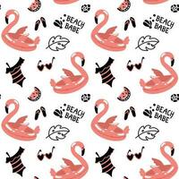 Inflatable flamingos and other beach objects. Summer print. Beach baby - a short phrase on seamless pattern. vector