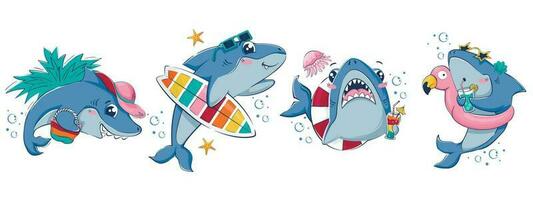 Collection of cartoon funny sharks. Summer beach characters for fashion design, advertising. vector