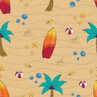 Seamless pattern with cartoon palm trees and surfboards, ball, sandcastle on the beach vector