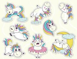 Bundle of stickers with funny kawaii unicorns in anime style for kids product design vector