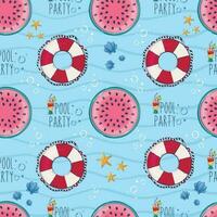 Seamless pattern with cartoon lifebuoy and watermelon mattress in the pool. vector