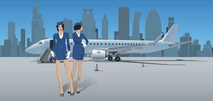 Two flight attendants meet passengers on the background of the aircraft. Vector. vector