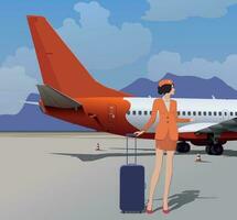 Stewardess with a bag near the plane at the airport. Vector. vector