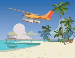 Amphibian plane flies over a hotel on an island. Vector. vector