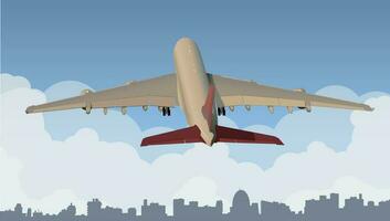 The airliner takes off into the sky above the city. Vector. vector