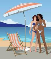 Girls on the seashore under an umbrella near a sun lounger. Vector. vector