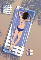 The girl is sunbathing on the beach in the shade of palm trees. vector