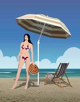 Girl under an umbrella on the beach by the sea. Vector. vector