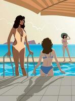 Girls are relaxing near the pool by the sea. Vector. vector