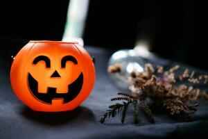 Halloween pumpkin head with dry flowers in vase glass on black clothes in natural shadow and light. Halloween holiday concept. photo