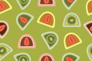 Background with Japanese dessert Daifuku. A collection of various mochi daifuku on a green background vector