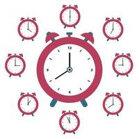 Set of red alarm clocks. Vector illustration in flat style isolated on white background.