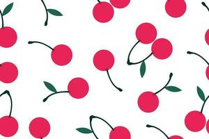 Image of cherry fruits with green leaves on a white background vector illustration. Cute cartoon fruit pattern, flat design for fashionable print. Vector