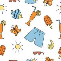 Summer seamless pattern. Doodle style. Accessories for relaxing by the sea. Suitable for printing, textiles, backgrounds, wallpaper, wrapping paper, packaging. White background. Vector