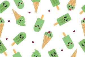 Seamless ice cream matcha pattern. Ice cream on a stick and in a waffle glass. Vector