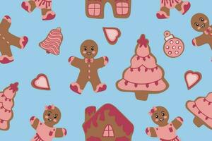 Seamless pattern with ginger cookies on a blue background. Vector Christmas illustration. Vector