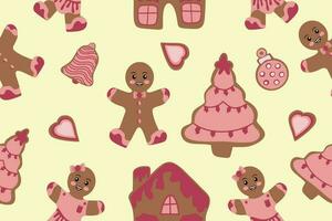 Seamless pattern with ginger cookies on a yellow  background. Vector Christmas illustration. Vector