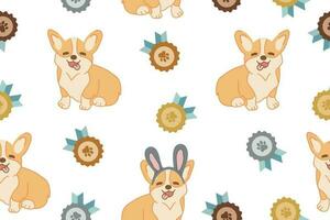 Seamless pattern with cartoon Corgi dog pattern and medals. Vector illustration. Vector