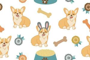 sin costura modelo con dibujos animados corgi perro modelo y medallas vector ilustración. vector