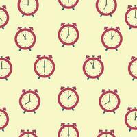 Seamless pattern of red alarm clocks showing different times. Vector illustration in a flat style, isolated on a white background. Vector