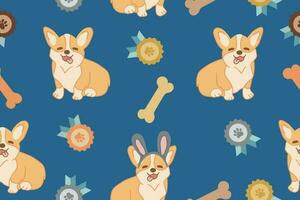 Seamless pattern with cartoon Corgi dog pattern and medals. Vector illustration. Vector