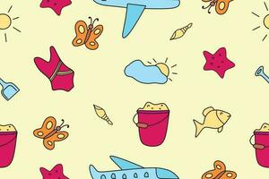 Summer seamless pattern. Doodle style. Accessories for relaxing by the sea. Suitable for printing, textiles, backgrounds, wallpaper, wrapping paper, packaging. Yellow background. Vector