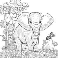 Elephant Animal flowers adults coloring page line- art vector