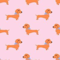 Dachshund on a pink background. Seamless vector pattern with a dog. Cute endless ornament.