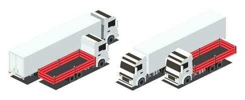 Isometric Red Flatbed Cargo Truck and Truck Trailer with Container. Commercial Transport. Logistics. vector