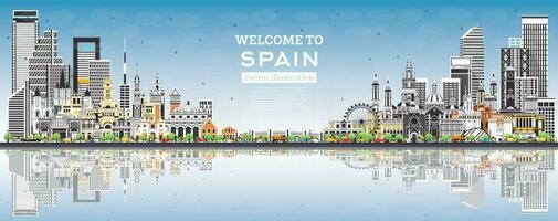 Welcome to Spain. City Skyline with Gray Buildings, Blue Sky and Reflections. Historic Architecture. Spain Cityscape with Landmarks. vector