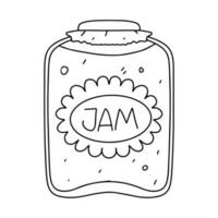 Glass jar with jam in hand drawn doodle style. Vector illustration isolated on white. Coloring page.