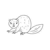 Funny beaver in hand drawn doodle style. Vector illustration isolated on white. Coloring page.