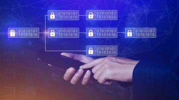 Businessman using a smartphone to Blockchain technology concept with chain of encrypted blocks to secure cryptocurrencies and bitcoin for online payments and money transaction. photo