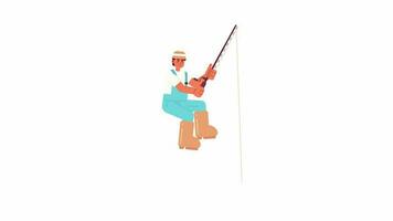 Fisherman reeling in fish animation. Animated isolated 2D caucasian male fisher in bucket hat. Cartoon flat character 4K video footage, white background, alpha channel transparency for web design