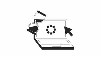 Loading notebook bw animation. Animated laptop with hourglass, arrow cursor flat monochromatic thin line object. Slow internet 4K video concept footage with alpha channel transparency for web design