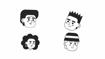 Friendly faces bw icons animation. Different ages. Animated monochromatic flat avatars, white background, alpha channel transparency. Linear cartoon people heads 4K video footage for web design