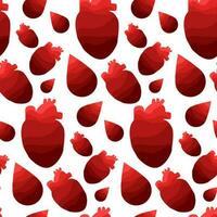 A pattern of the contour of human hearts and drops. Seamless pattern with hearts and drops, different hearts of different shades of red on a white background. Color transition. Printing on paper vector