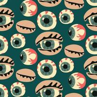 Vector illustration with a seamless pattern of human eyeballs, hand-drawn. Eyes looking to the sides and in front with closed eyelids. The background is a realistic colored Halloween. The style Flat