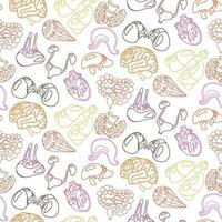 Sample contour of human internal organs for surgery and transplantation. Including heart, liver, kidneys, eye, bladder, pancreas, brain, intestines, stomach. Flat seamless vector pattern on white