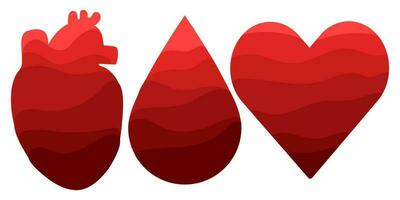 A set of large elements with layers of drops, the heart is made of shades of red. The transition to light, filling the drop and the heart with blood Elements on a white background hemophilia, donation vector