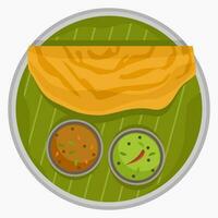 Editable Top View Indian Masala Dosa With Chutney and Sambar on Banana Leaf and Plate Vector Illustration for Artwork of Cuisine Related Design With South Asian Culture and Tradition